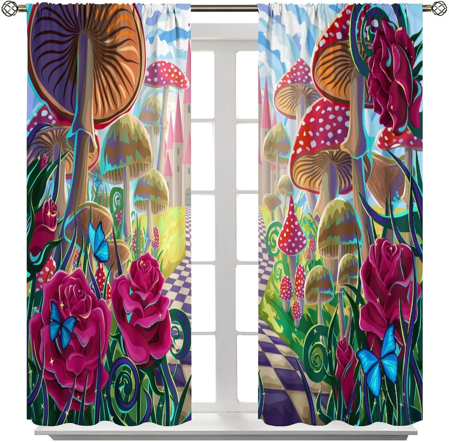 Fairy Tale Mushroom Curtains, Funny Colorful Fantastic Dreamy Castle Floral Pink Red Rose Butterfly, Blackout Rod Pocket Window Treatments for Living Room Bedroom Bathroom (27.5x63in) x2 Panels