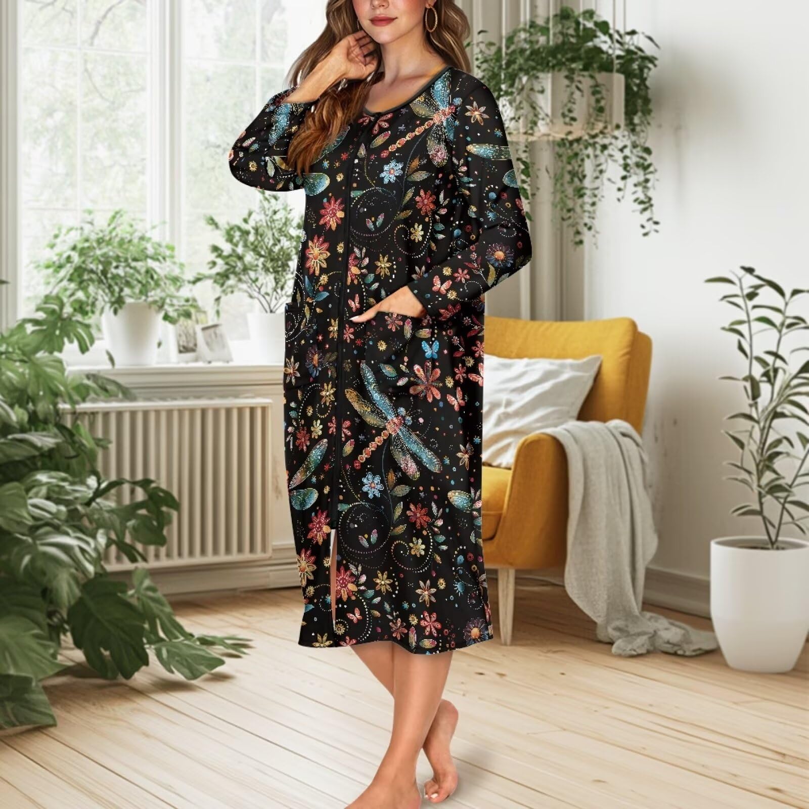 Damen-Hausmantel mit Reißverschluss vorne, langärmelig, Nachtwäsche, Bademantel mit Tasche, weiche Loungewear, Größe S-4XL