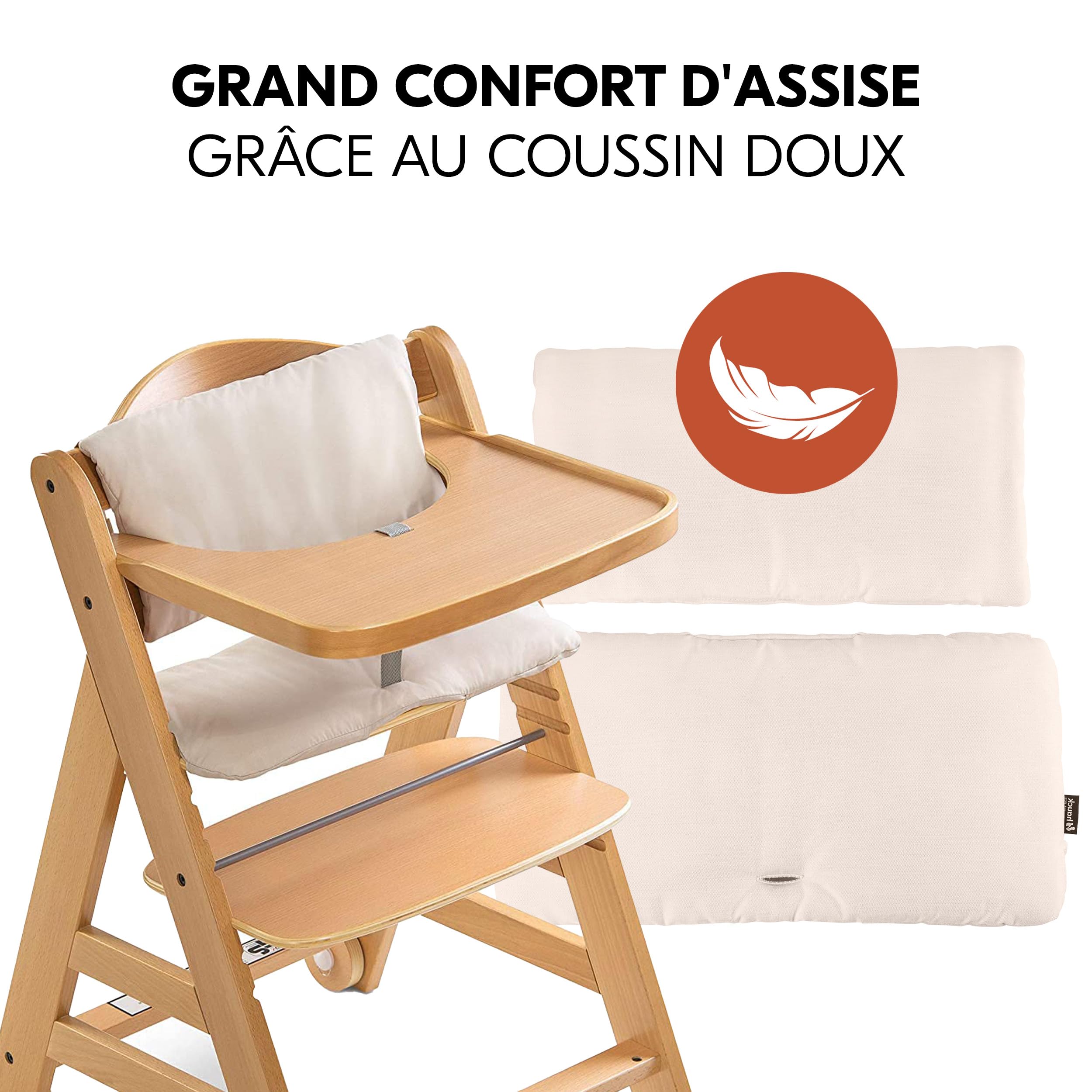 hauck Chaise Haute Bébé Évolutive Alpha Move Set jusqu'à 90 kg - Beige | Chaise haute bois de hêtre avec coussin, 2 assiettes silicone, tablette repas, harnais 5 points, roulettes, dès 6 mois
