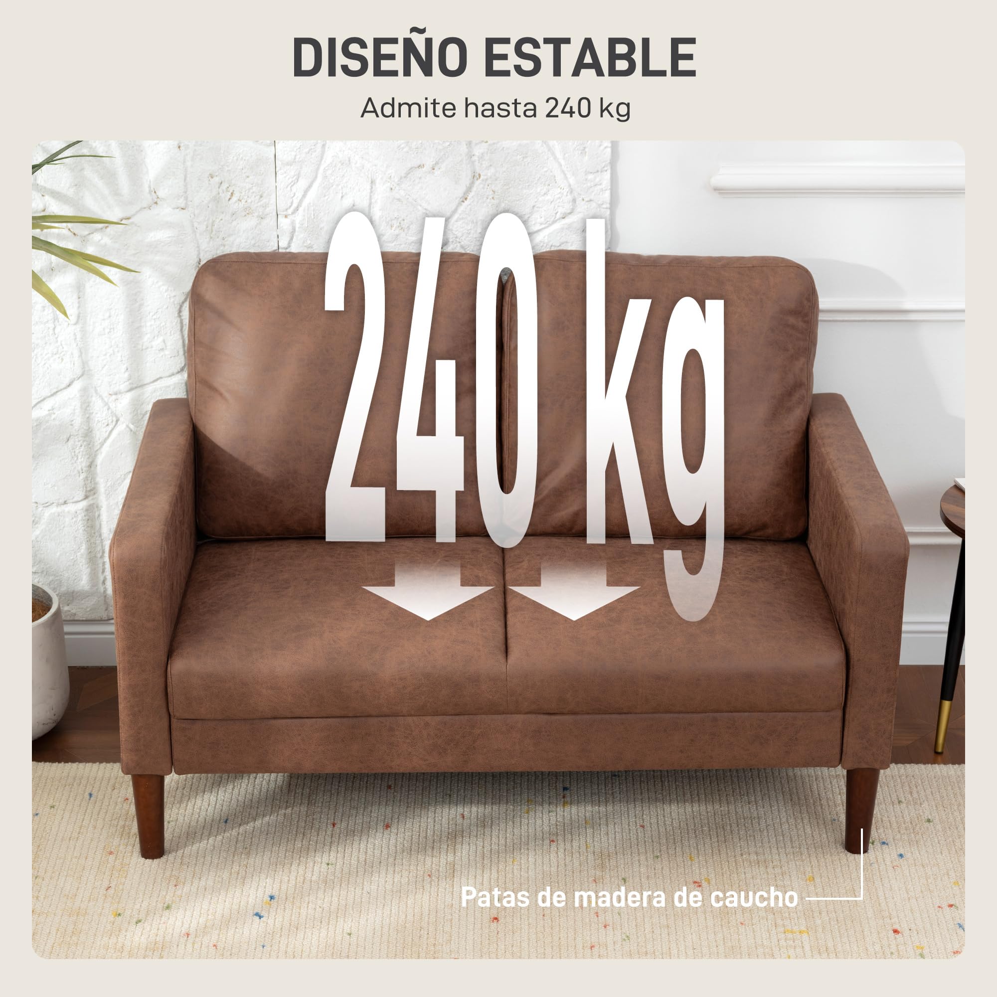 HOMCOM Sofá de 2 Plazas, Tapizado en Microfibra, Sofá Moderno con Patas de Madera, Reposabrazos, para Salón, Dormitorio, Oficina, Sala de Estar, 130x78x85 cm, Marrón