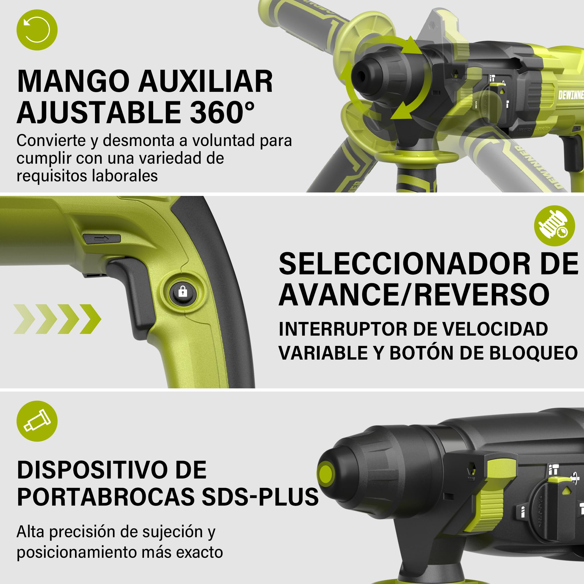 DEWINNER Martillo Perforador 1100 W 3.4 J, 0-1500 RPM/5500 BPM con 4 Funciones y Embrague de Seguridad, 20 Accesorios Sierra Perforadora Hormigón, Velocidad Variable, Hormigón, Acero, Madera