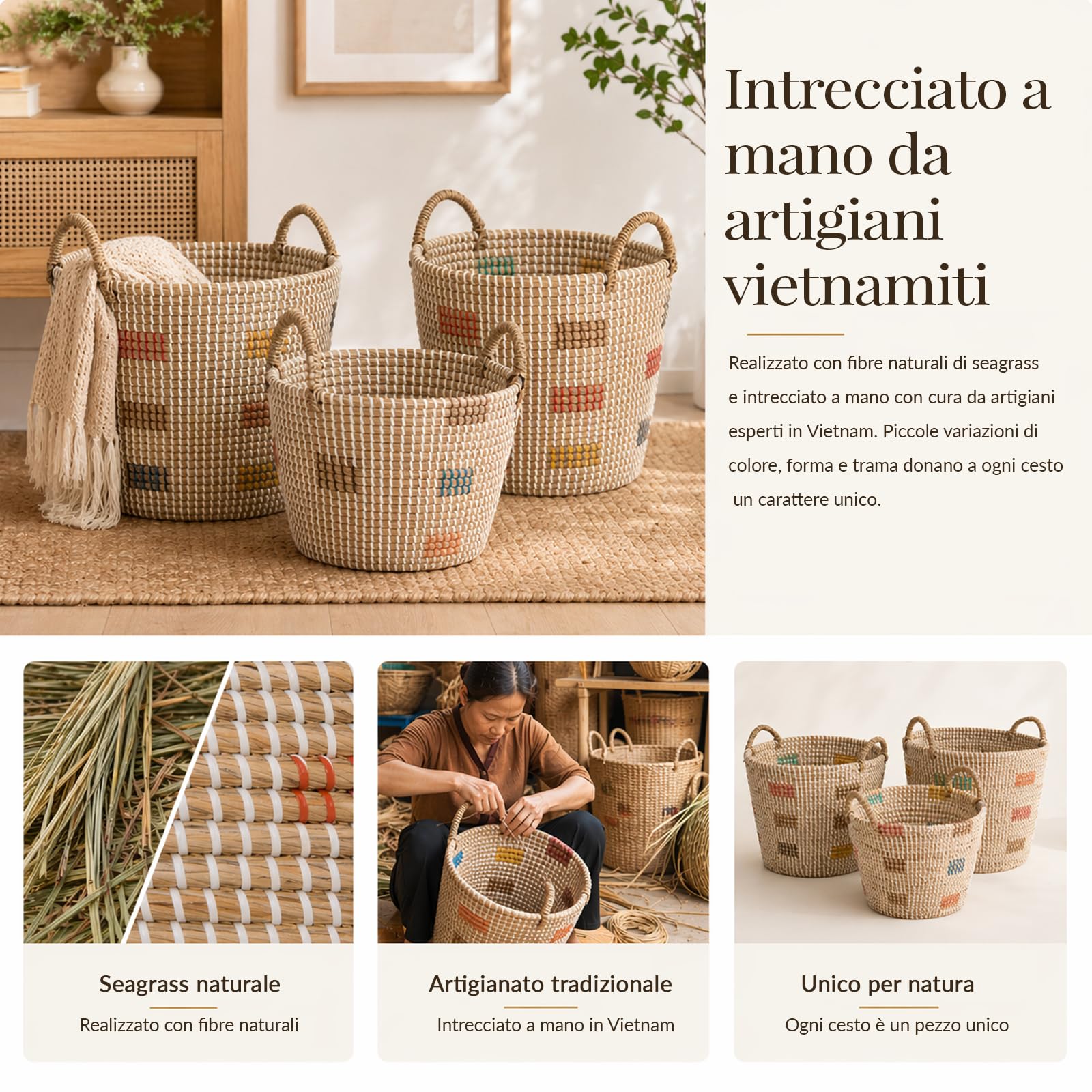 Cesti portaoggetti in seagrass set di 3, intrecciati a mano in Vietnam con manici, cesto portabiancheria boho 45L/29L/20L per soggiorno, bagno, camera e cameretta