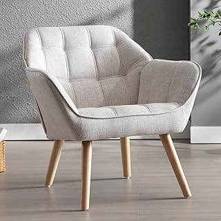 Ya-Home Fauteuil de Salon avec Pieds en Bois Chaise de Salon en Lin Moderne Fauteuil Rembourré pour Chambre, Beige