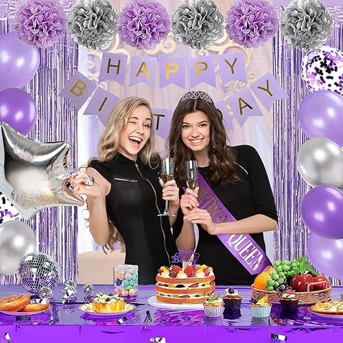Miniatura 4 de Decoraciones de cumpleaños moradas y plateadas para mujeres y niñas, juego de decoración de fiesta de lavanda con pancarta y globos, banda y corona,
