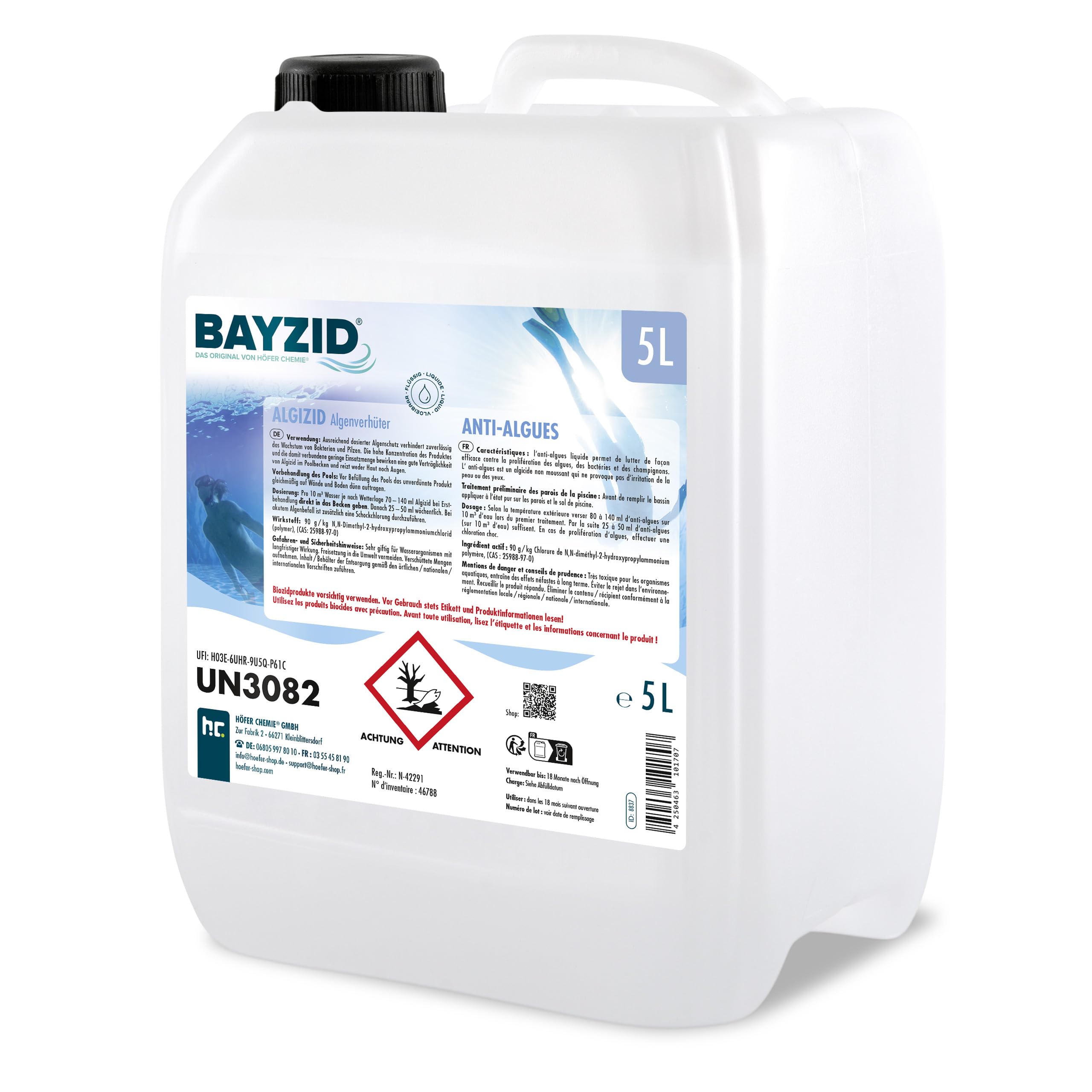 Höfer Chemie 1 x 5 L BAYZID® Algicide Anti Algue pour Piscine - Anti-Algues Non Moussant à Double Action Curative et Préventive - Efficace Contre Bactéries et Champignons