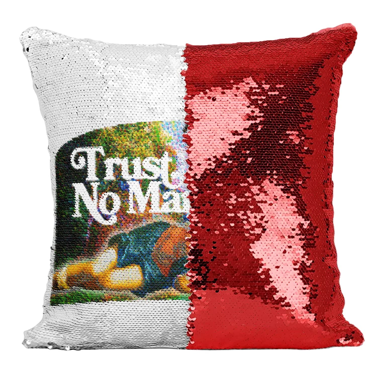 Coussin Sequin Paillettes Rouge Trust No Man Collage Art