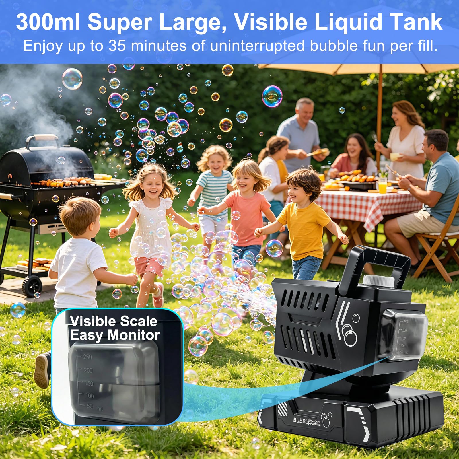Blasenmaschine für Kinder, wiederaufladbarer Seifenblasenhersteller mit Fernbedienung und RGB-Lichtern, automatischer rotierender Akku-Blasenbläser für Geburtstagsfeiern, Hochzeiten