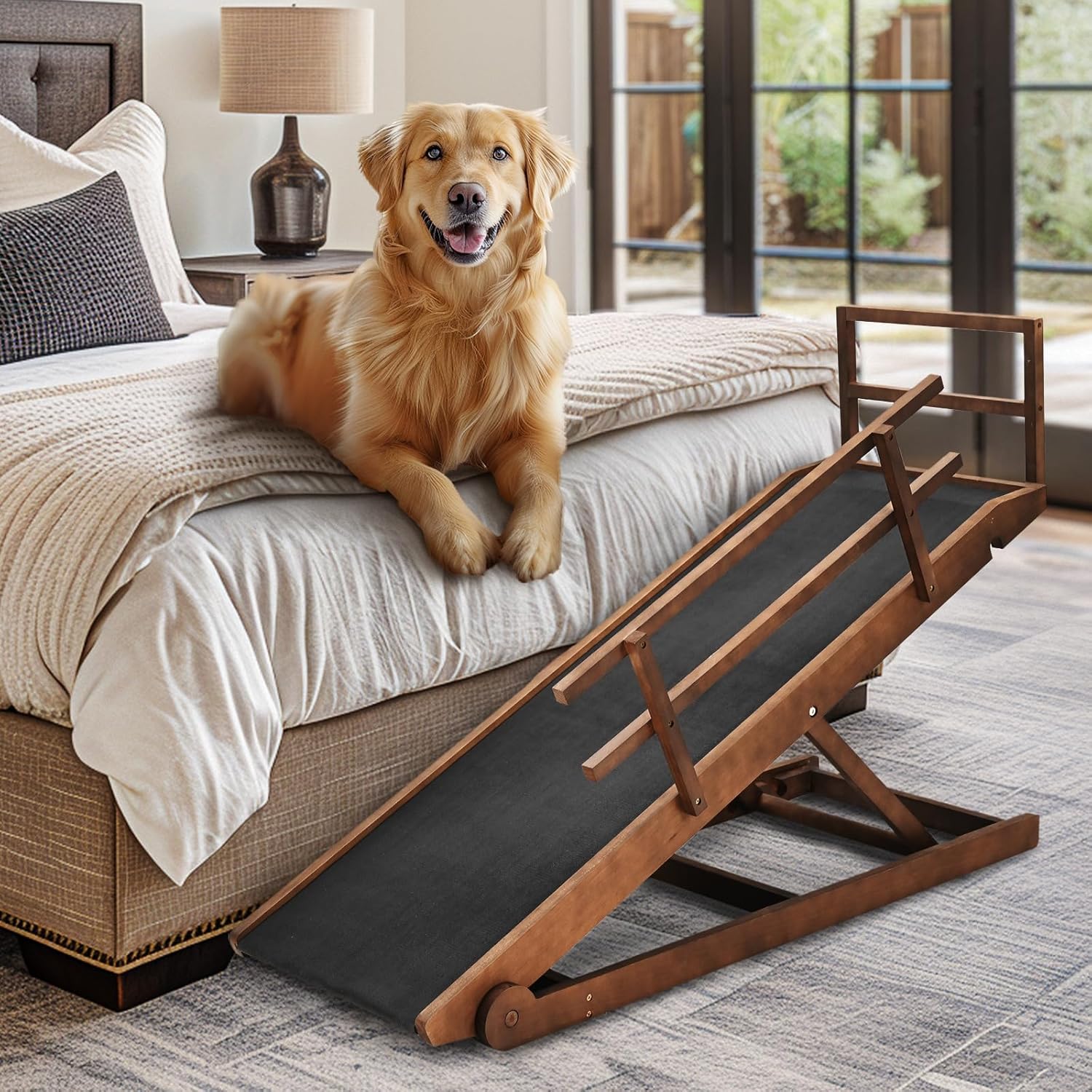 Dog Ramp, 5 Level Adjustable Wooden Folding Pet Ramp for Middle Bed, Couch,SUV-High Traction, Portable Paw Ramps for Small & Large Old Dogs & Cats – Furniture Quality