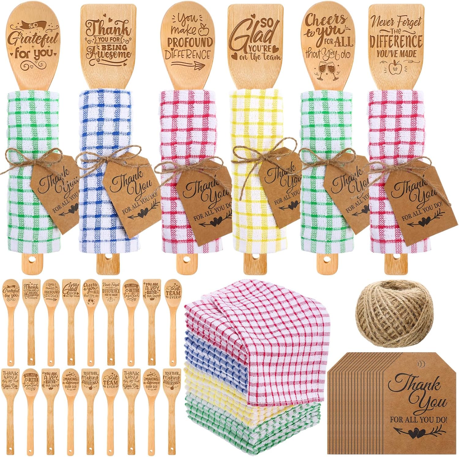 Honeydak 24 Set Appreciation Kitchen Gift Set for Employee Thank You Kitchen Utensils Bamboo Spoon Flat Spatula Tea Towel Appreciation Gift for Staff Team Neighbor Teacher Nurse Colleague