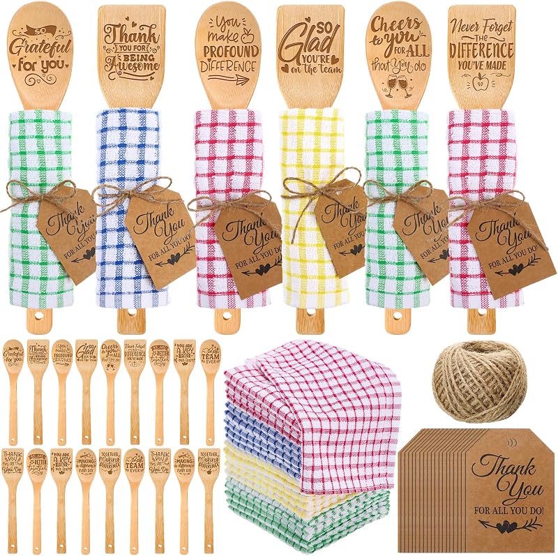 Honeydak 24 Set Appreciation Kitchen Gift Set for Employee Thank You Kitchen Utensils Bamboo Spoon Flat Spatula Tea Towel Appreciation Gift for Staff Team Neighbor Teacher Nurse Colleague