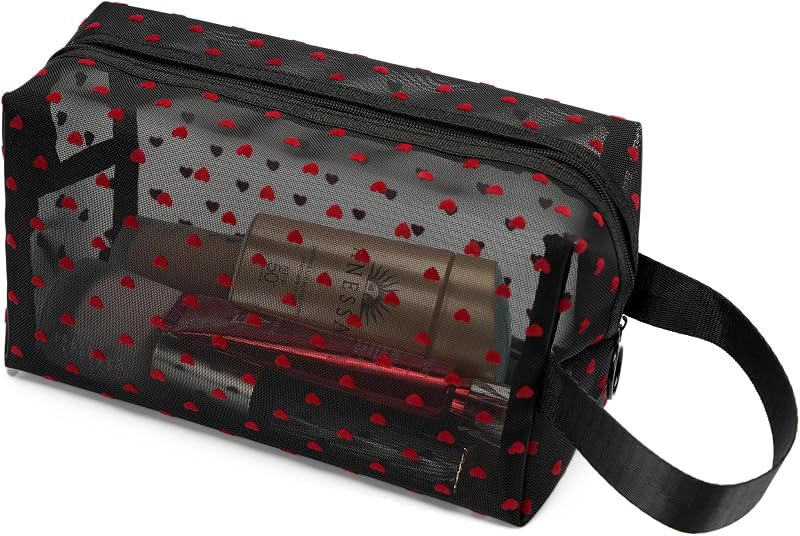 Necessaire de maquiagem TOPASION em malha com zíper, alça e estampa de coração preto e vermelho