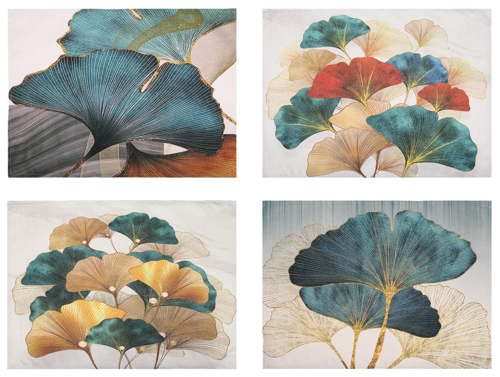 Placemats Set of 4 Teal Green Oil Red Grey Ginkgo Washable Heat Resistant Linen Placemats for Kitchen Dining Table Picnics 32 x 44 cm