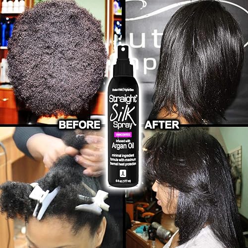 Miniatura 5 de Spray de seda lacio con aceite de argán marroquí protector de alisado y desenredante  Sin alcohol  Protector de calor de hasta 450 F  Plancha plana