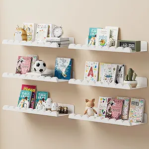 6-Pack Nursery Book Shelves, Scalloped Floating Shelves for Wall Kids, 15.7" Wood Wall Book Shelf for Bedroom Kids, Toddler Room, Baby Room, Nursery Decor, All White