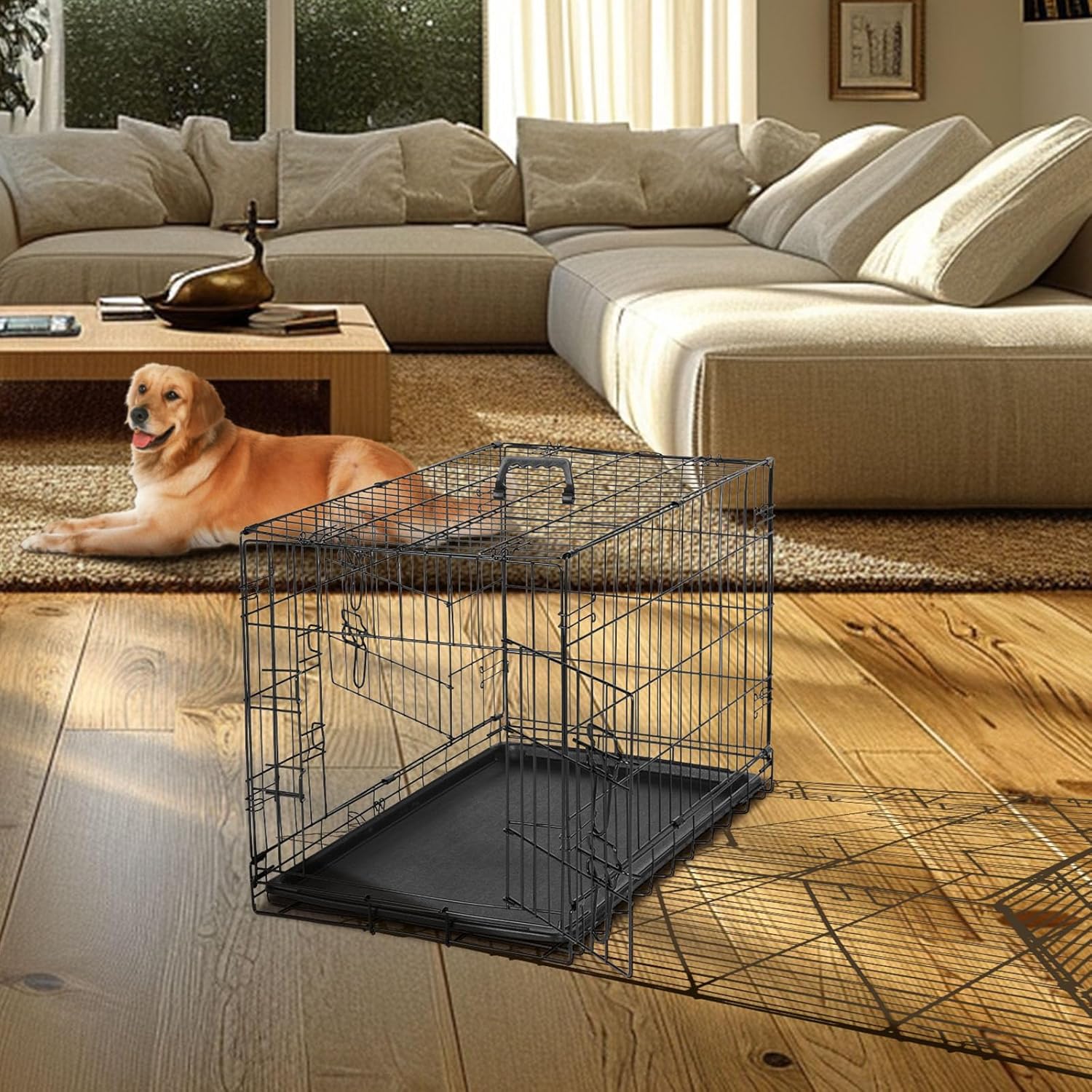 Dog Crate - Medium 36 Inch Double Door Portable Dog Cage, Metal Wire Pet Kennel with Secure Lock, Leak-Proof Pan Tray, Foldable Design for Dogs Pets Indoor Training and Outdoor Trave