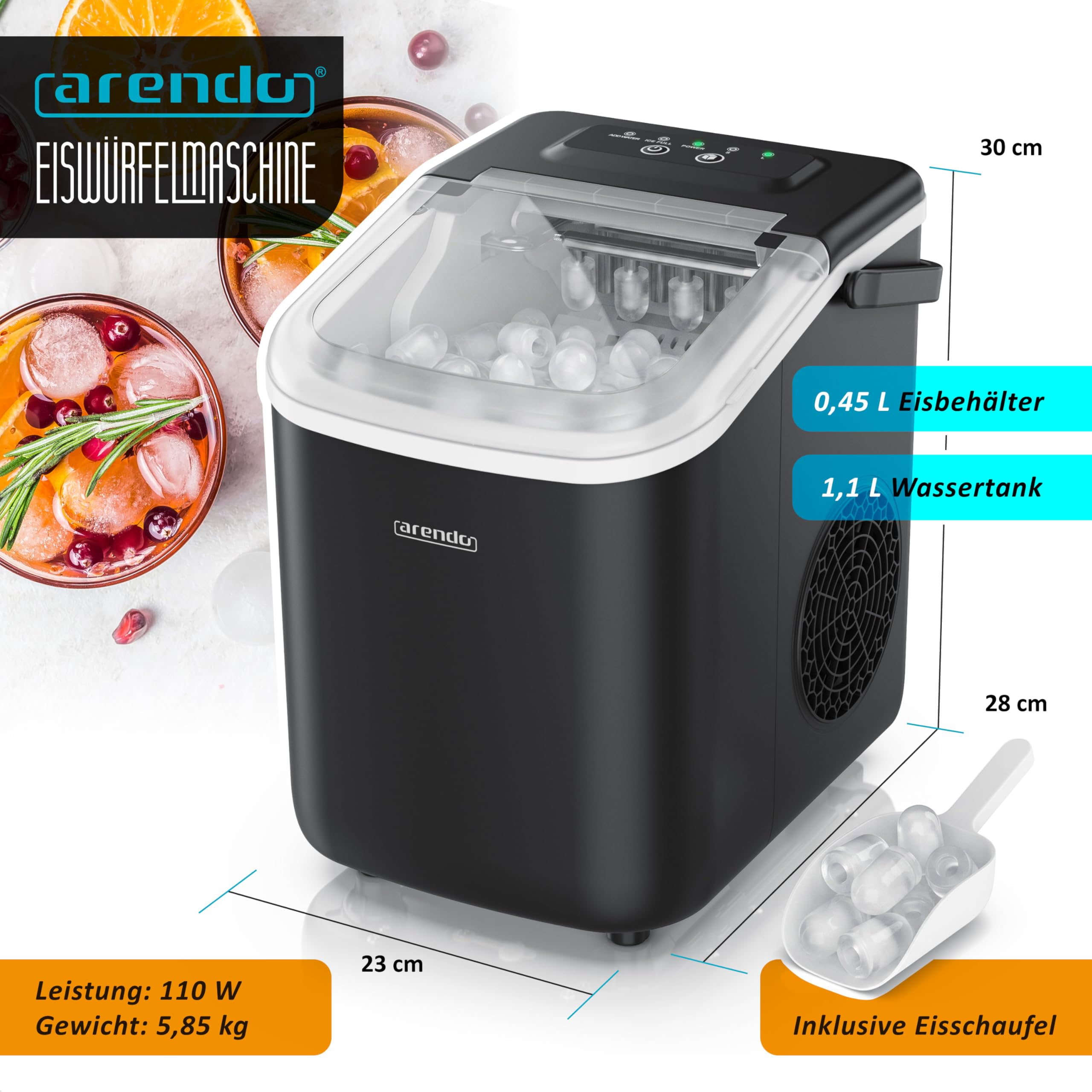 Arendo - Eiswürfelmaschine klein – max. 12 kg Eis pro Tag – 2 Größen große Würfel und kleine Würfel - großes Sichtfenster – doppelwandig – Eiswürfel Bullet – Tragegriff - Ice Maker