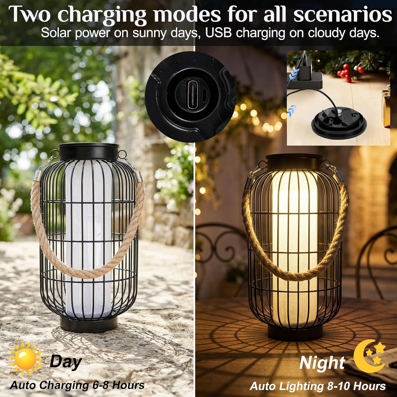 Larger Solar Lanterns Outdoor - Solar Lantern Rustic Dual Charging (USB/Solar) IP44 Waterproof Metal Decorative Hanging/Table Light for Yard Patio Garden Front Porch or Indoor Gifts for Women