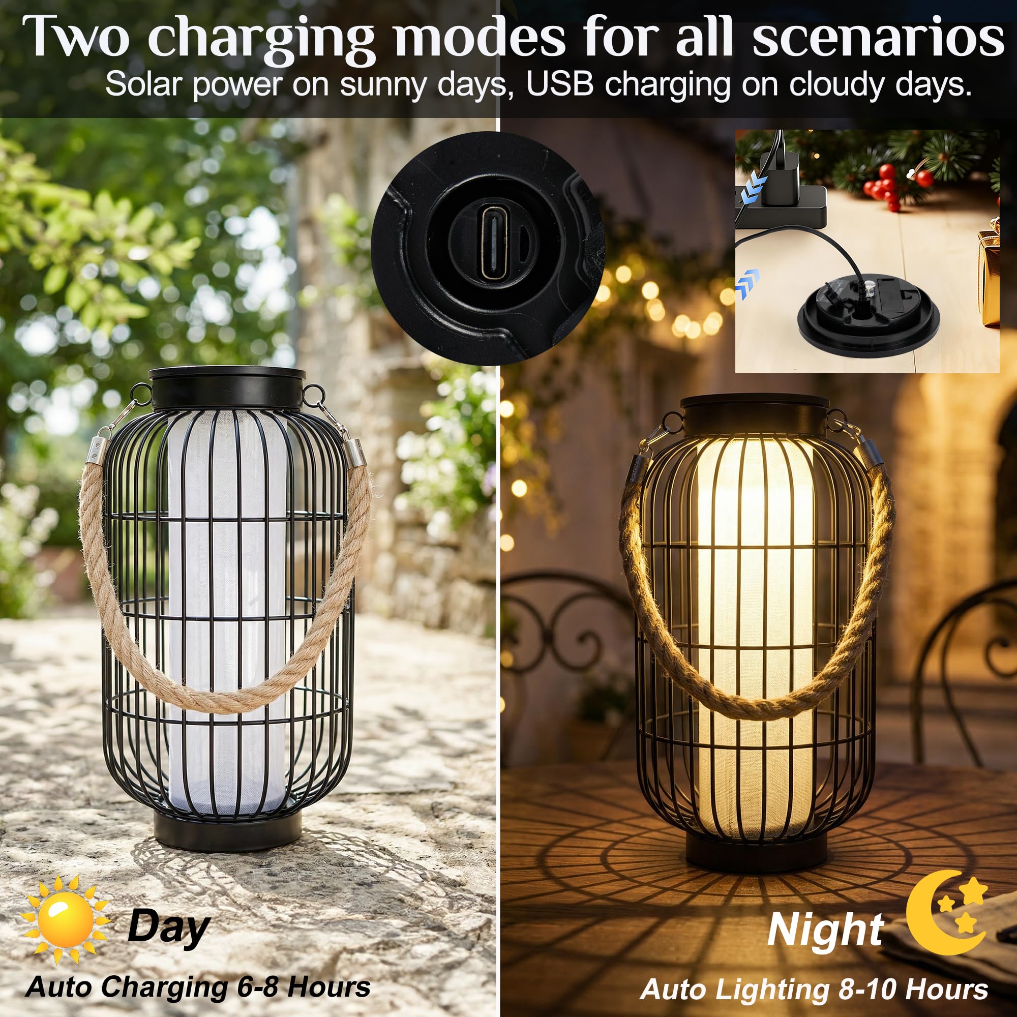 Lanterne solari più grandi per esterni, lanterna solare rustica, doppia ricarica (USB/solare), impermeabile IP44, in metallo, decorativa, da appendere o da tavolo, per cortile, patio, giardino