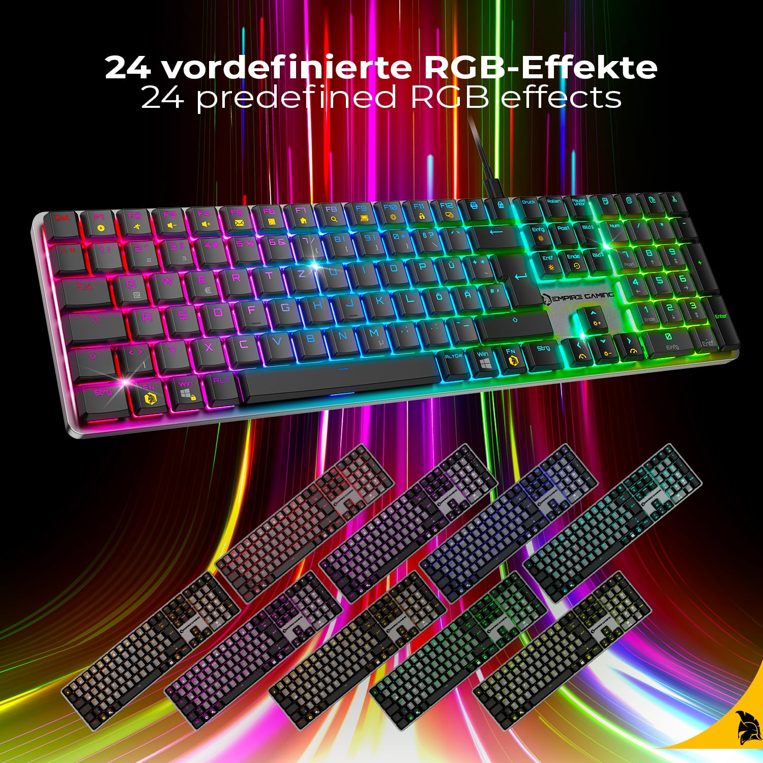Empire Gaming K243 Mechaniczna klawiatura przewodowa układ DE (Qwertz), 111 klawiszy, odłączane USB-C, przełączniki MX Red, podświetlenie RGB z 24 efektami, funkcja Anti-Ghosting NKRO, do PC i konsoli