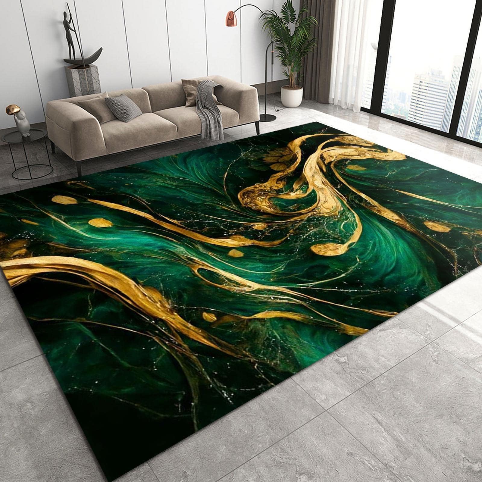Luxury Green Marble Area Rugs, Emerald Liquid Gold Art Easy Clean Rug, Soft Non-Skid Carpet Throw Rug for Kids Teen Girls Boys Bedroom, Living Room