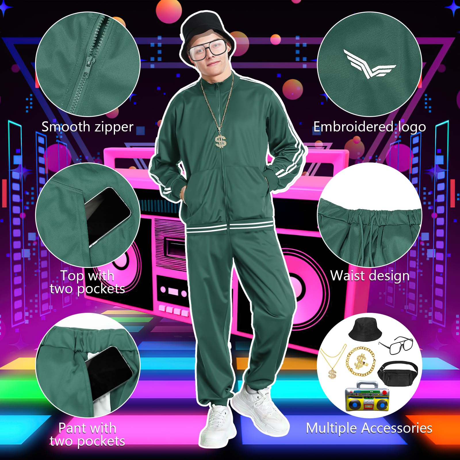 9 Pcs 80s Tracksuit for Men Halloween Costumes Retro Windbreaker Outfit 90s Mens Track Suits Sportswear for Halloween Carnival Party Disco Party Costumes (Green - Image 4