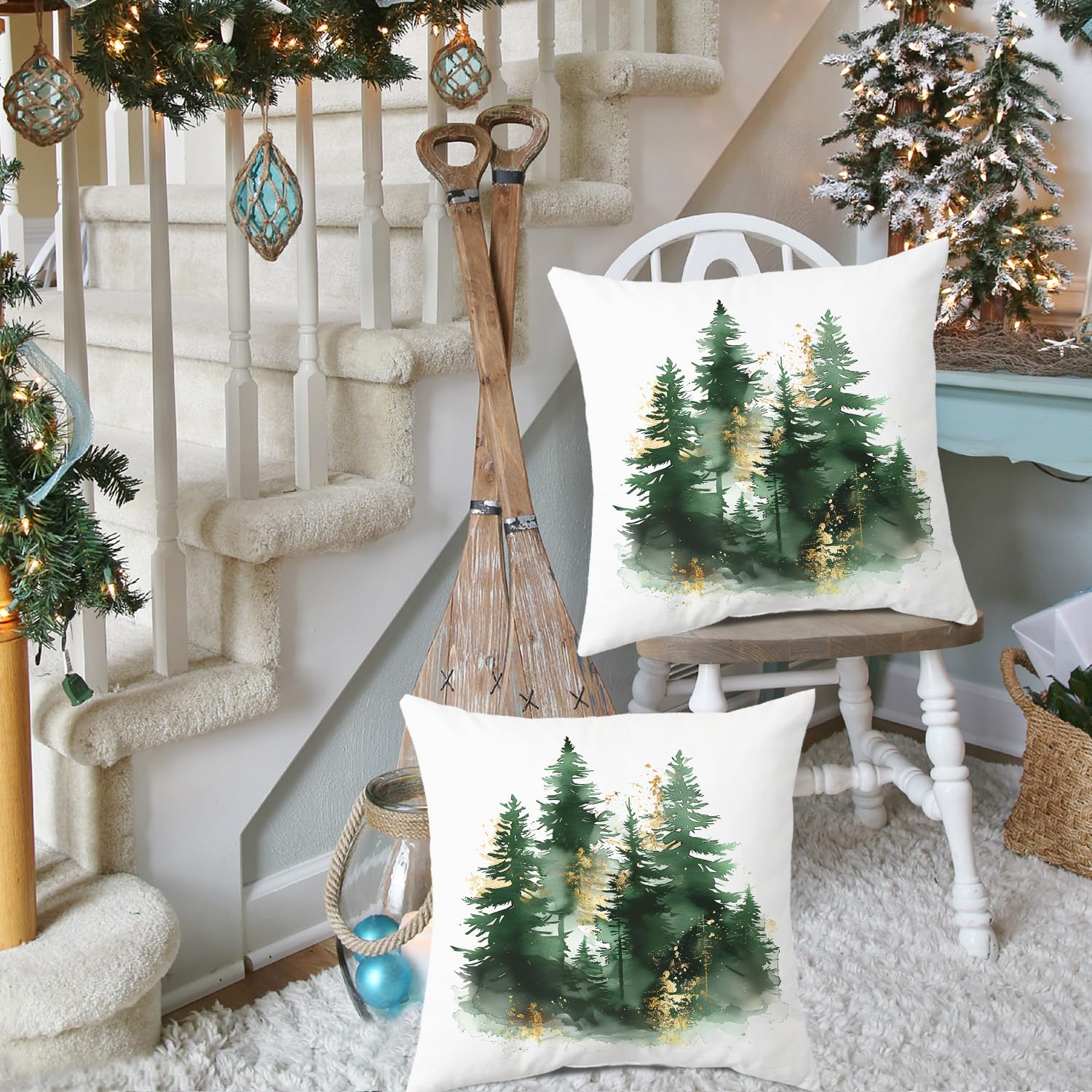 Miaikoe Christmas Cushion Covers 45x45 cm Set of 2 Green Gold Christmas Tree Rustic Decorative Throw Pillows Covers Winter Holiday Decor for Couch Sofa - Image 2