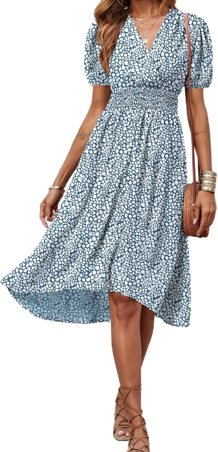 PRETTYGARDEN Women's Floral Wrap V-Neck Midi Dress Short Sleeve Boho Summer Beach Long Dress High Low Hem Smocked Dress Women