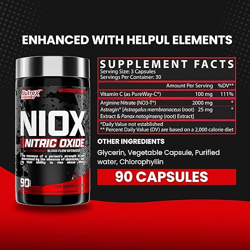 Miniatura 2 de Nutrex Research NIOX Extreme Pumps Suplemento de nitrato de arginina NO3-T con vitamina C y AstraGin - Refuerzo previo al entrenamiento para bomba