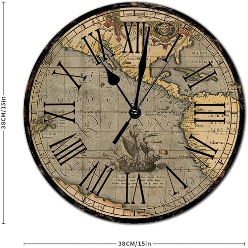 Miniatura 2 de Reloj de pared redondo de madera de estilo rústico, mapa del mundo retro, números romanos, reloj de madera, funciona con pilas, silencioso, sin