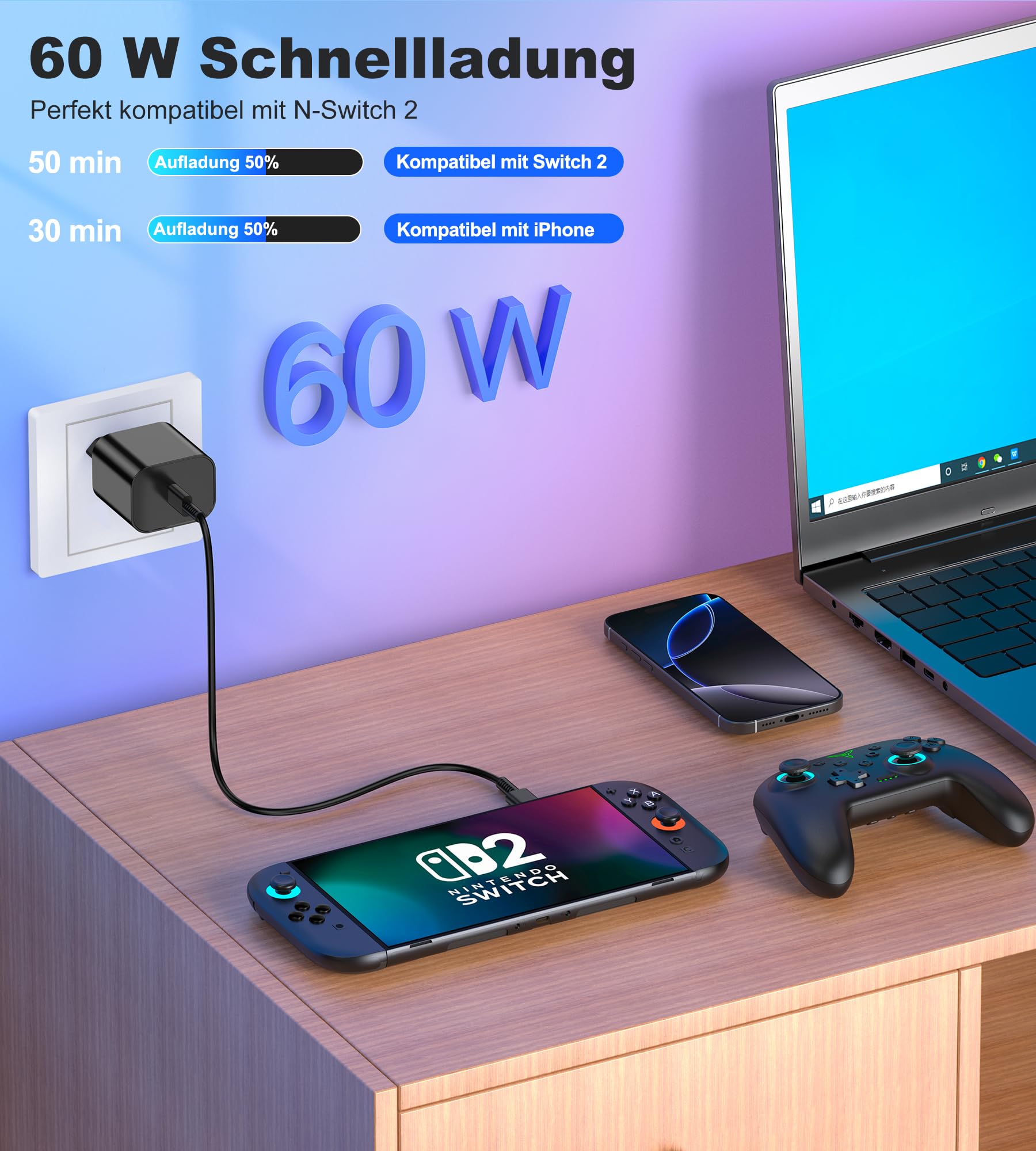 60 W Switch 2 Alimentatore di rete, USB-C Rapido Caricatore Sostituzione Switch 2 AC Adattatore con GaN Tech per Nintendo/OLED/Lite/Steam Deck/Rog Ally, Supporta la modalità TV 4K, per tablet/laptop