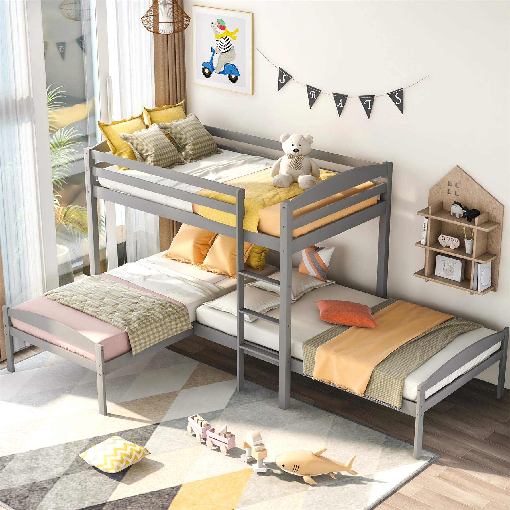 Buy Harper & Bright Designs Twin Over Twin 3 Bed Bunk Beds, LShaped