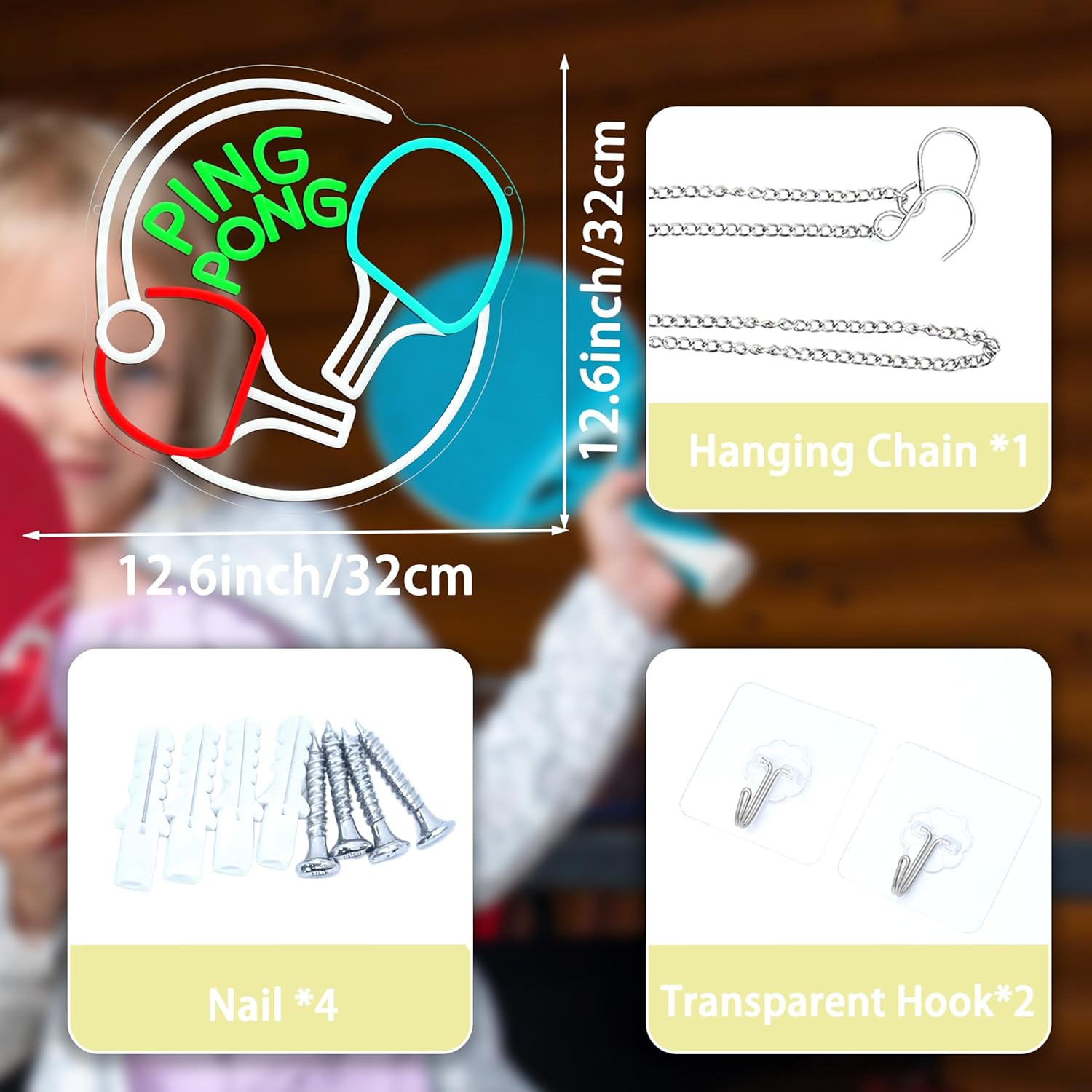 Ping Pong Neon Sign USB Powered 12.6 * 12.6 inch LED Table Tennis Neon Light for Wall Decor Play Sports Neon Signs for Game Room Gym Man Cave Home Theater