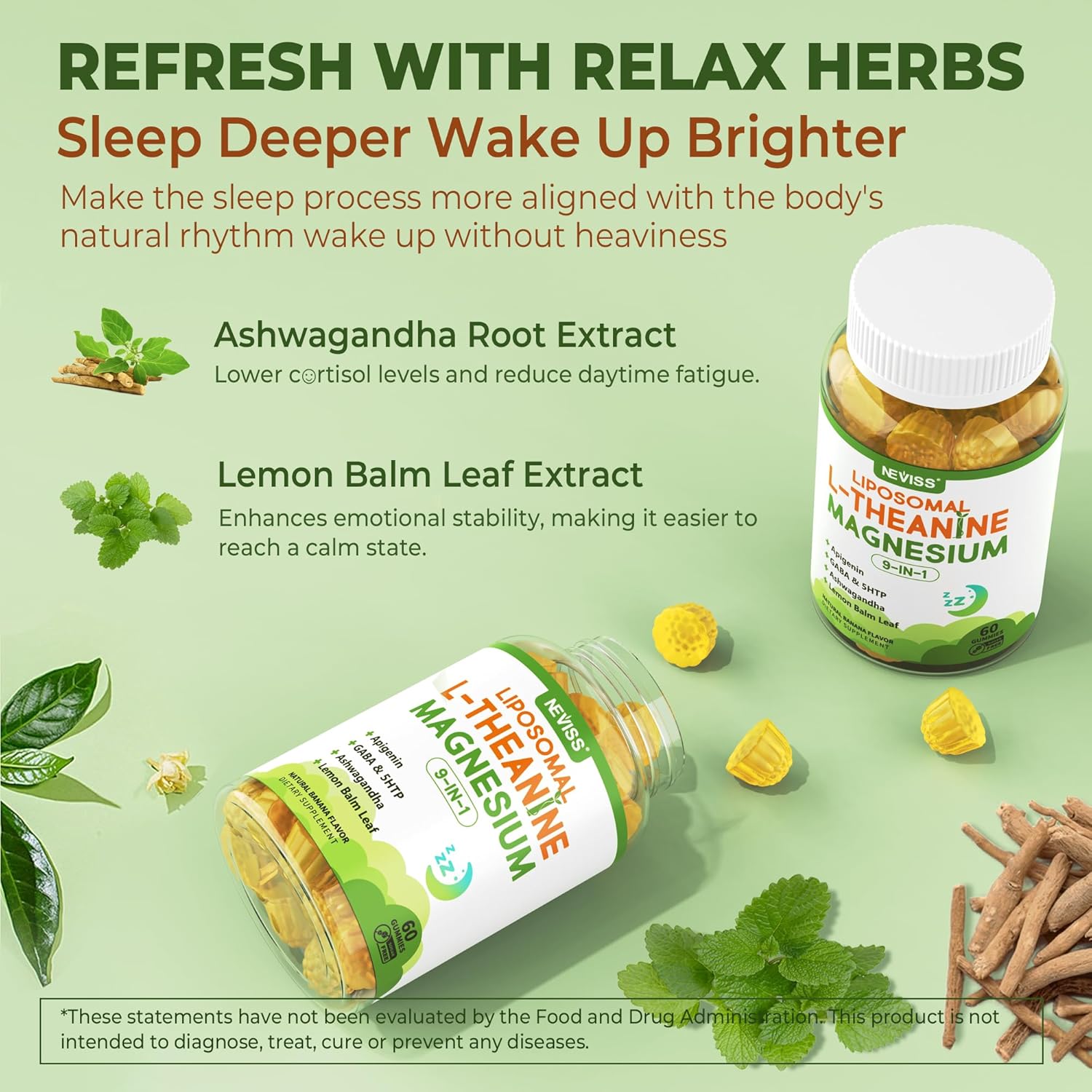 Liposomal L-Theanine 200mg Magnesium Glycinate 400mg Gummies with GABA, 5HTP, Apigenin, Vitamin B6 & D3, Ashwagandha, Lemon Balm Leaf, Melatonin Free Sleep Chewable for Relax Mood & Muscle, 2 Packs