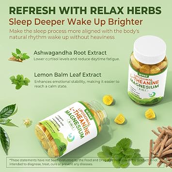 Liposomal L-Theanine 200mg Magnesium Glycinate 400mg Gummies with GABA, 5HTP, Apigenin, Vitamin B6 & D3, Ashwagandha, Lemon Balm Leaf, Melatonin Free Sleep Chewable for Relax Mood & Muscle, 2 Packs