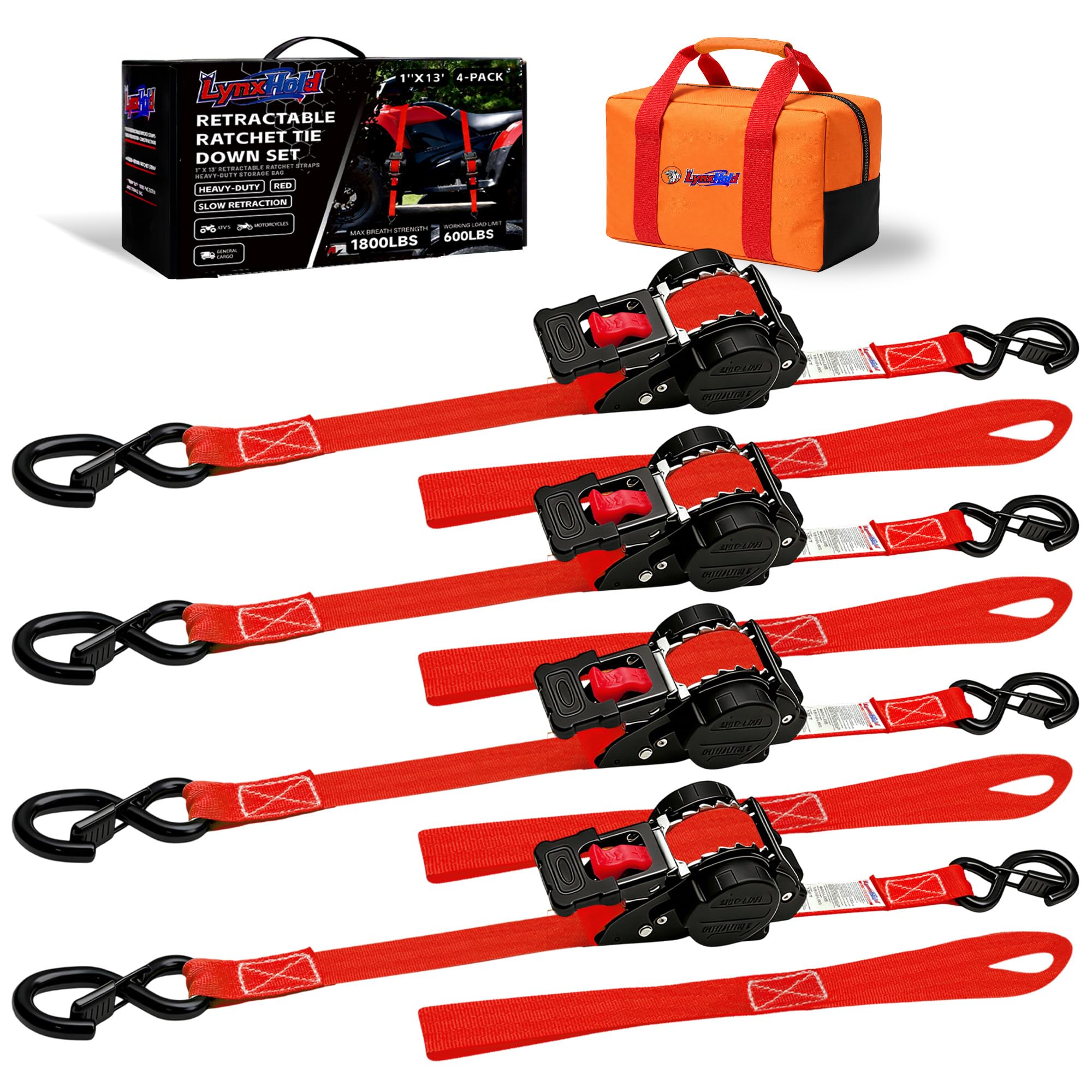 Retractable Ratchet Straps - 13ft, 1" Wide, 1800 Lbs -9 Retractable Ratchet Straps - 13ft, 1" Wide, 1800 Lbs -9