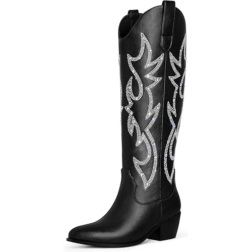 Ouepiano White Cowgirl Boots Women Cowboy Knee High Tall Boots Chunky Heel Pointed Toe Pull-On Western Wide Calf Boats Country Fashion