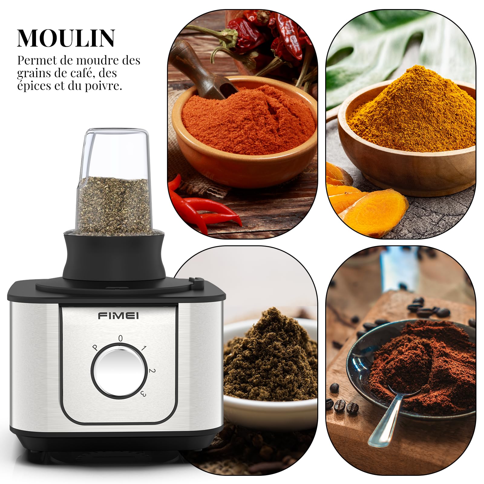 FIMEI Robot Cuisine Multifonctions 1100W, robot de cuisine 11 en 1, 3 vitesses et fonction Pulse, hachoir 3,2 L, blender 1,5 L, moulin, presse-agrumes, pétrin, râpe, disque réversible pour trancher