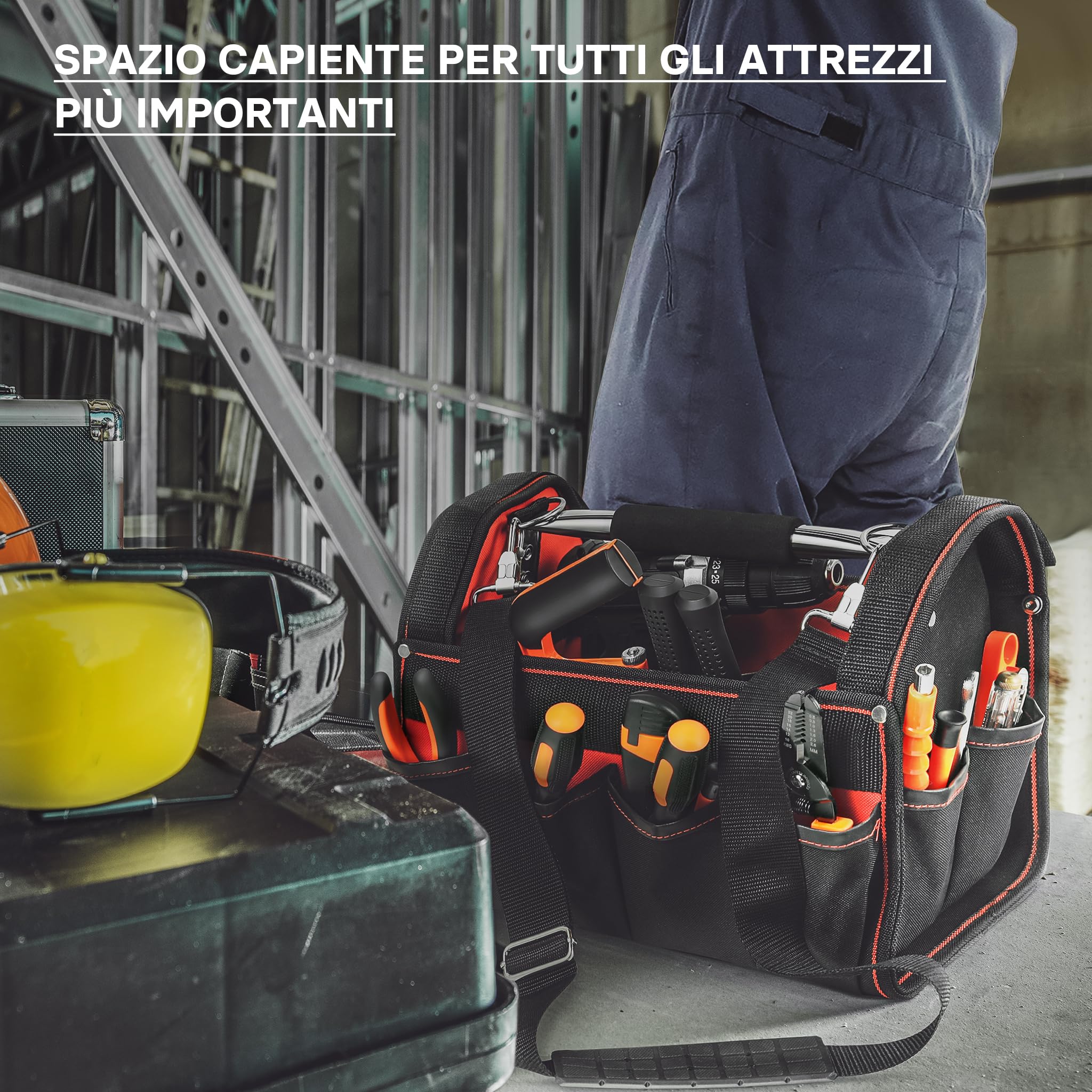 Borsa portautensili XL con scomparti interni ed esterni tracolla regolabile e maniglia di trasporto