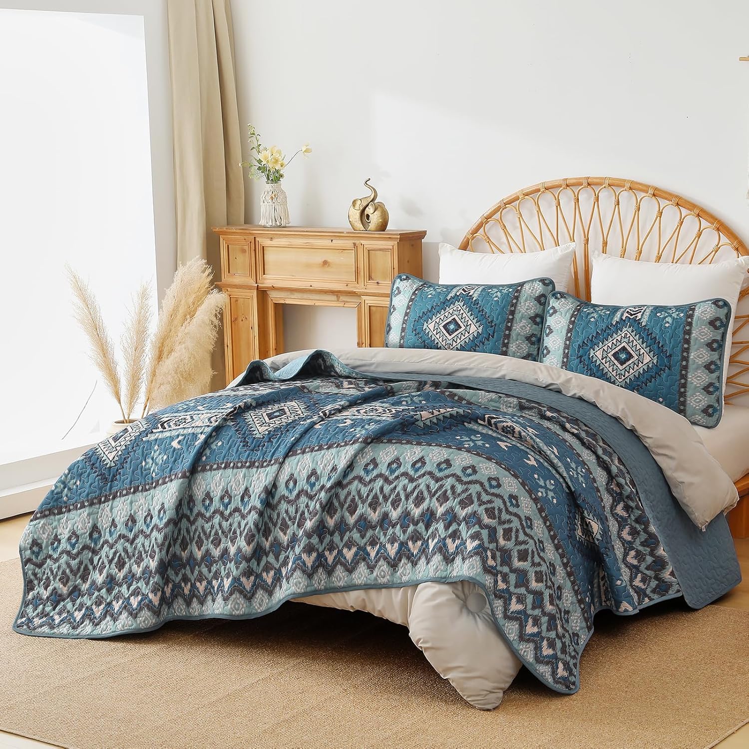 Dintszyayue Boho Quilt Set Queen Size, Aztec Western Blue Quilt Bedspread Set, 3 Pieces Bohemian Southwestern Stripe Bedding Set Soft Lightweight Coverlet Set for All Season - Image 2