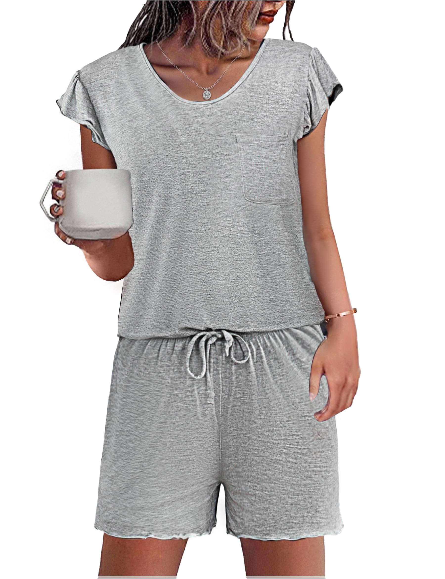 Demegimi Schlafanzug Damen Pyjama Set Kurzarm mit Rüschen Ba