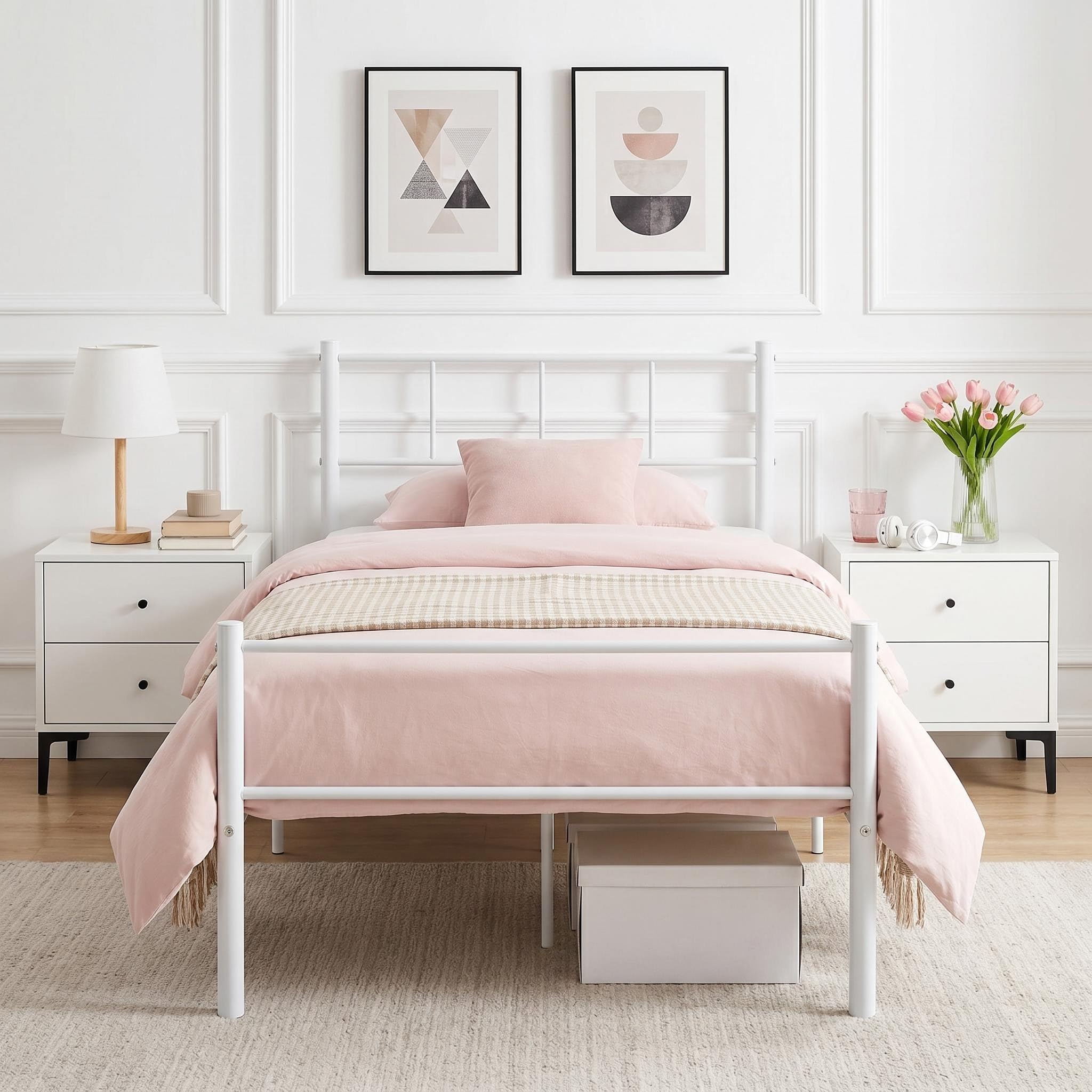 Panana Metal Single Bed Frame Metal Frames 3ft Bed Platform with Headboard and Footboard (White, Model2) — image 1