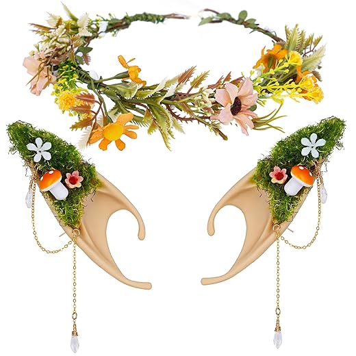 Renaissance Mushroom Elf Ears with Crown - Butterfly Flower Headpiece Set Fairy Forest Mushroom Pixie Ears and Elf Floral Woodland Crown for Women Renfaire Wedding Halloween Cosplay Bridal Photo Shoot