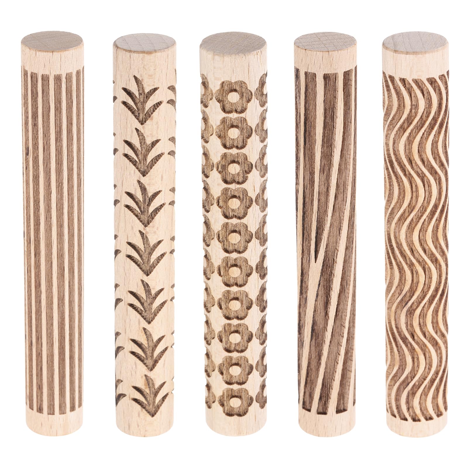 sourcing map 5pcs Wood Clay Roller 10cm Wood Lines Grain Texture Flower Pattern Rolling Pins Pottery Tools Rollers for Clay Baking Dough Playdough DIY