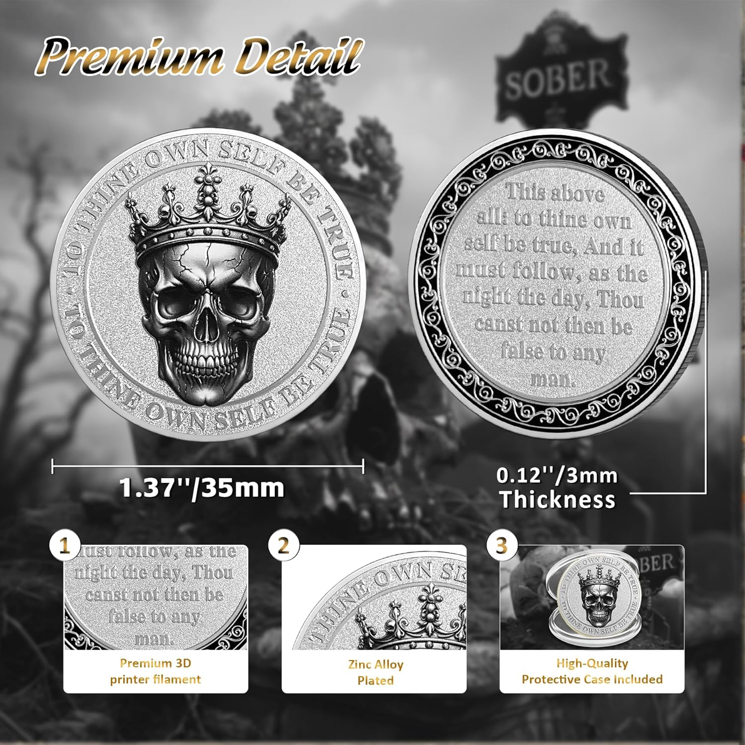 Reign Addiction Skull Sobriety Coin - to Thing Own Self be True AA Coins - Silver Recovery NA AA Chips and Medallions - Celebrate Living Clean Narcotics Alcoholics Anonymous Gifts for Men Women - Image 3