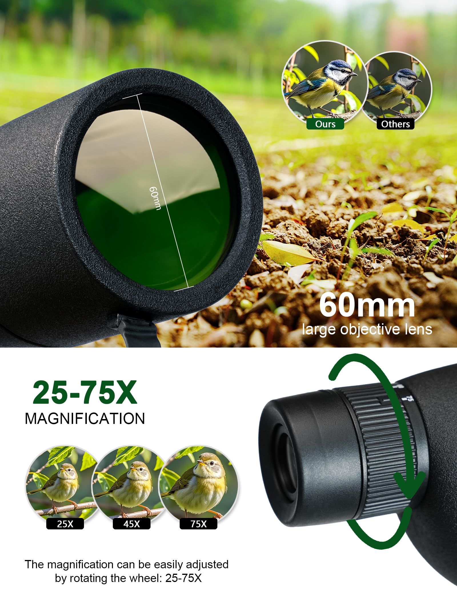 Télescope monoculaire à grossissement élevé HD 25-75 x 60 Multiplicateur variable Low Light Vision nocturne pour tir à la cible, chasse, observation des oiseaux, faune, paysage