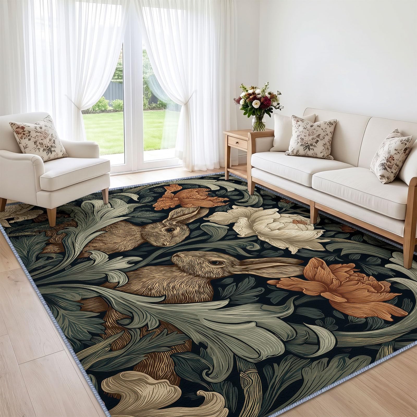 Generisch Tappeto per soggiorno, 120 x 170 cm, antiscivolo, a pelo corto, motivo: coniglio, lavabile, per camera da letto, casa, ufficio, piante, verde chiaro