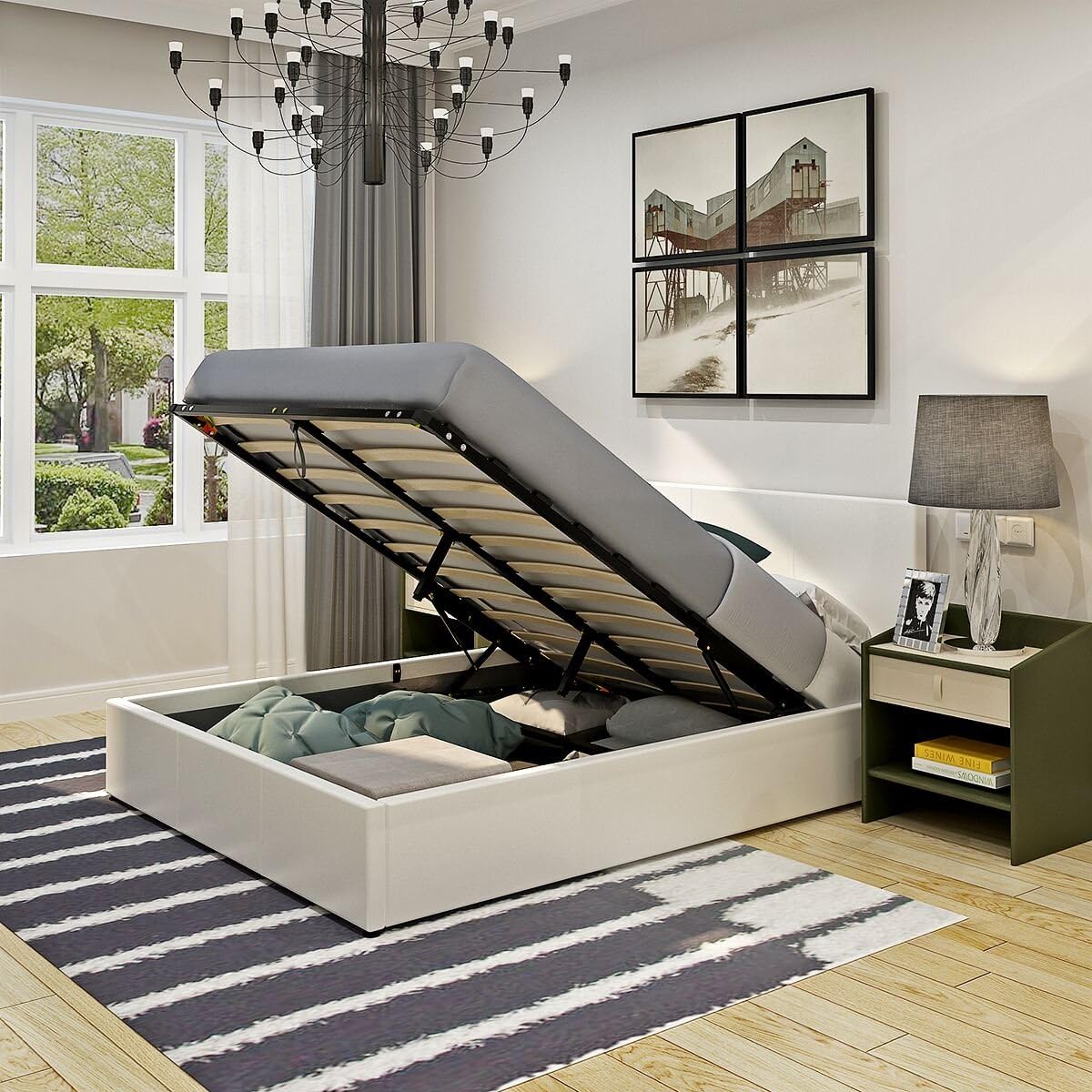 PALDIN Storage bed frame, 4FT6 Gas Lift Up bed Modern Faux Leather double bed frame with Headboard For Bedroom White