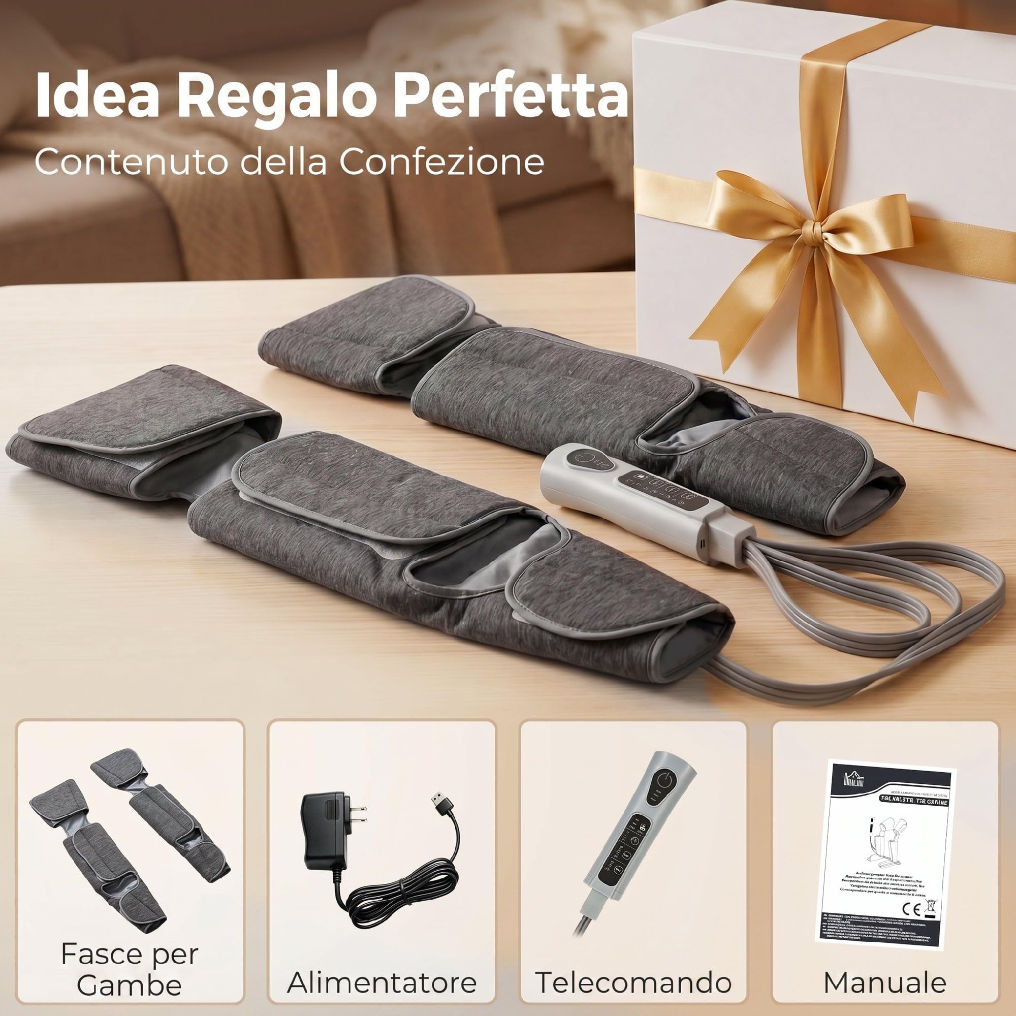 HOMCOM Massaggiatore Gambe a Compressione d'Aria, 2 Livelli Calore ai Piedi, per Polpacci e Cosce, 3 Modalità, 3 Intensità, Pressoterapia Casa, Linfodrenaggio e Circolazione, Regalo per Uomini e Donna