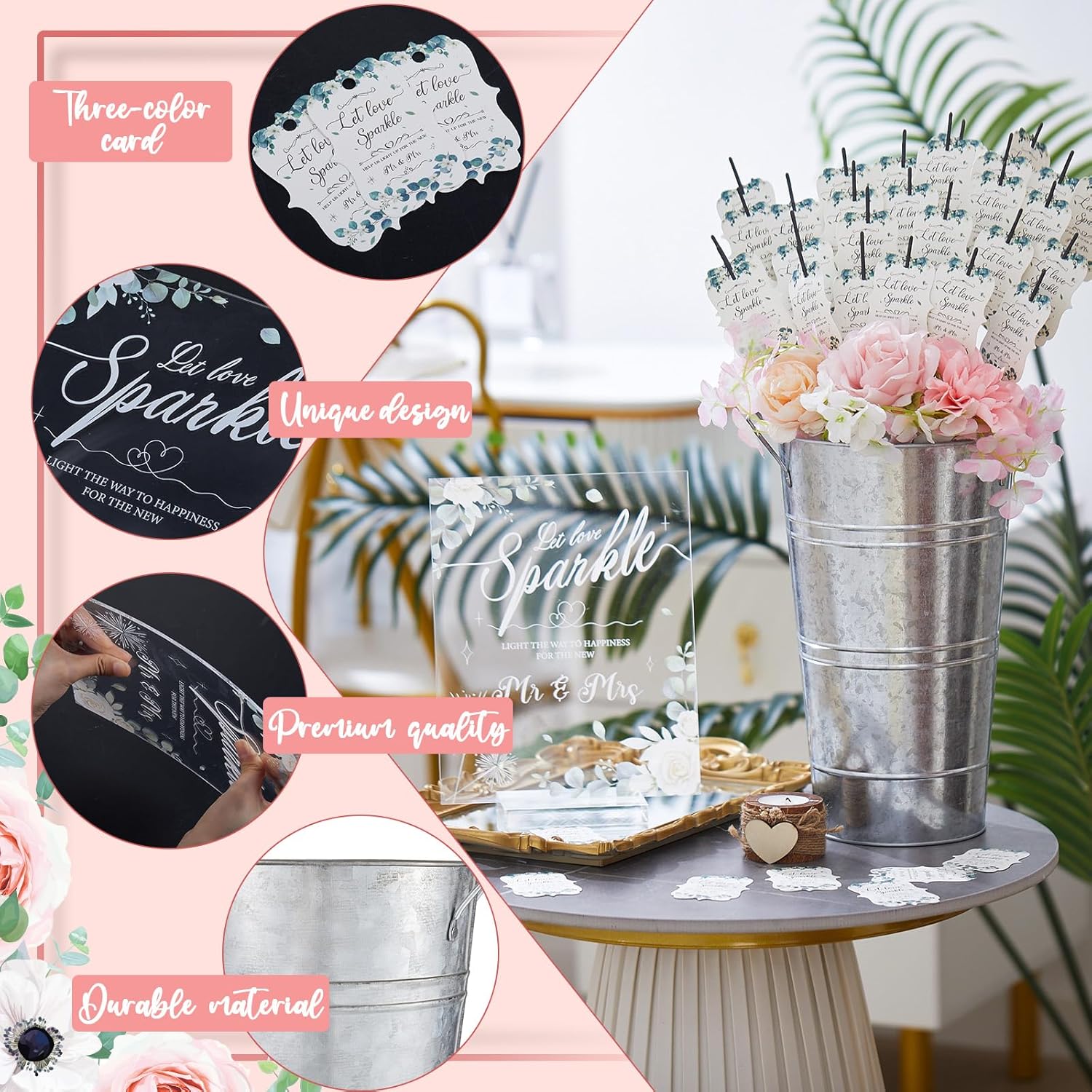 Henoyso Greenery Wedding Sparkler Set Include 150 Pcs Sparkler Tags 1 Acrylic Wedding Send Off Sign with Stand 2 Galvanized Metal Buckets for Table Centerpiece Party Decorations(Silver)