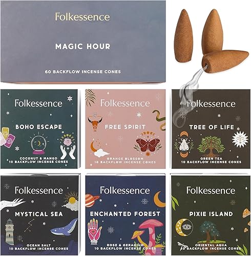Folkulture Conos de incienso de reflujo para cascada, juego de 6 conos de incienso de cascada perfumados, té verde de sal oceánica, rosa y geranio,